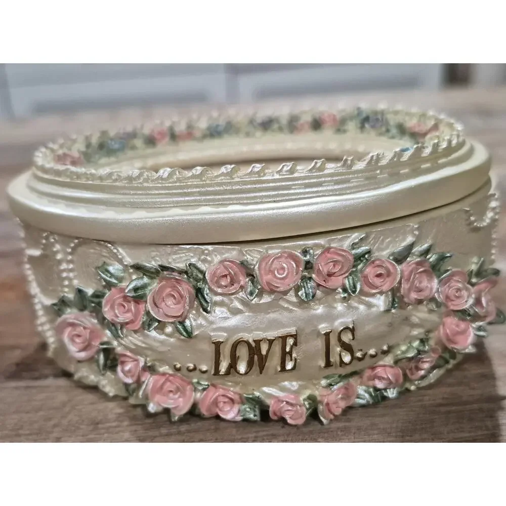Vintage Oval Jewelry Trinket Box Photo Picture Frame Top Love Is Inscript Pink R